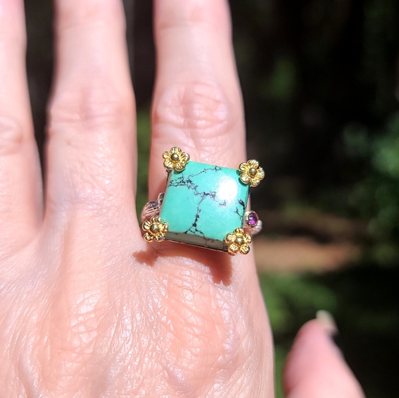 Turquoise & Amethyst sterling & gold daisy ring sz 8.5 - Picture 6 of 9